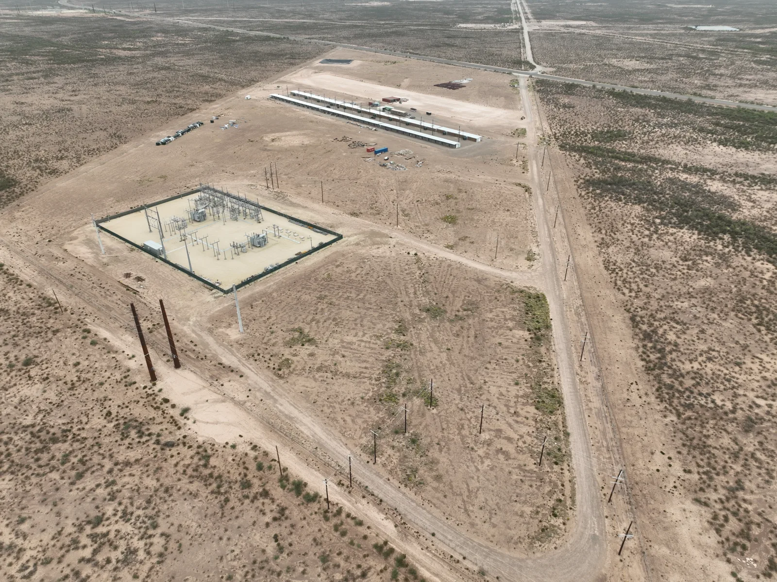 Aerial view of on-site electrical substation and digital infrastructure campus.
